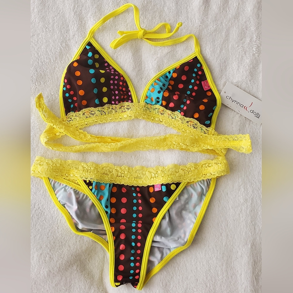 Chynna Dolls Colorful Polka Dot Bikini with Yellow Lace Trim